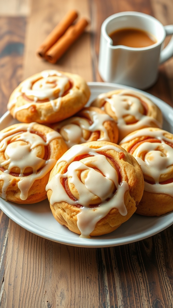 Delicious Cinnamon Roll Cookies Recipe A plate of soft Cinnamon Roll Cookies drizzled with glaze, on a rustic wooden table with coffee.